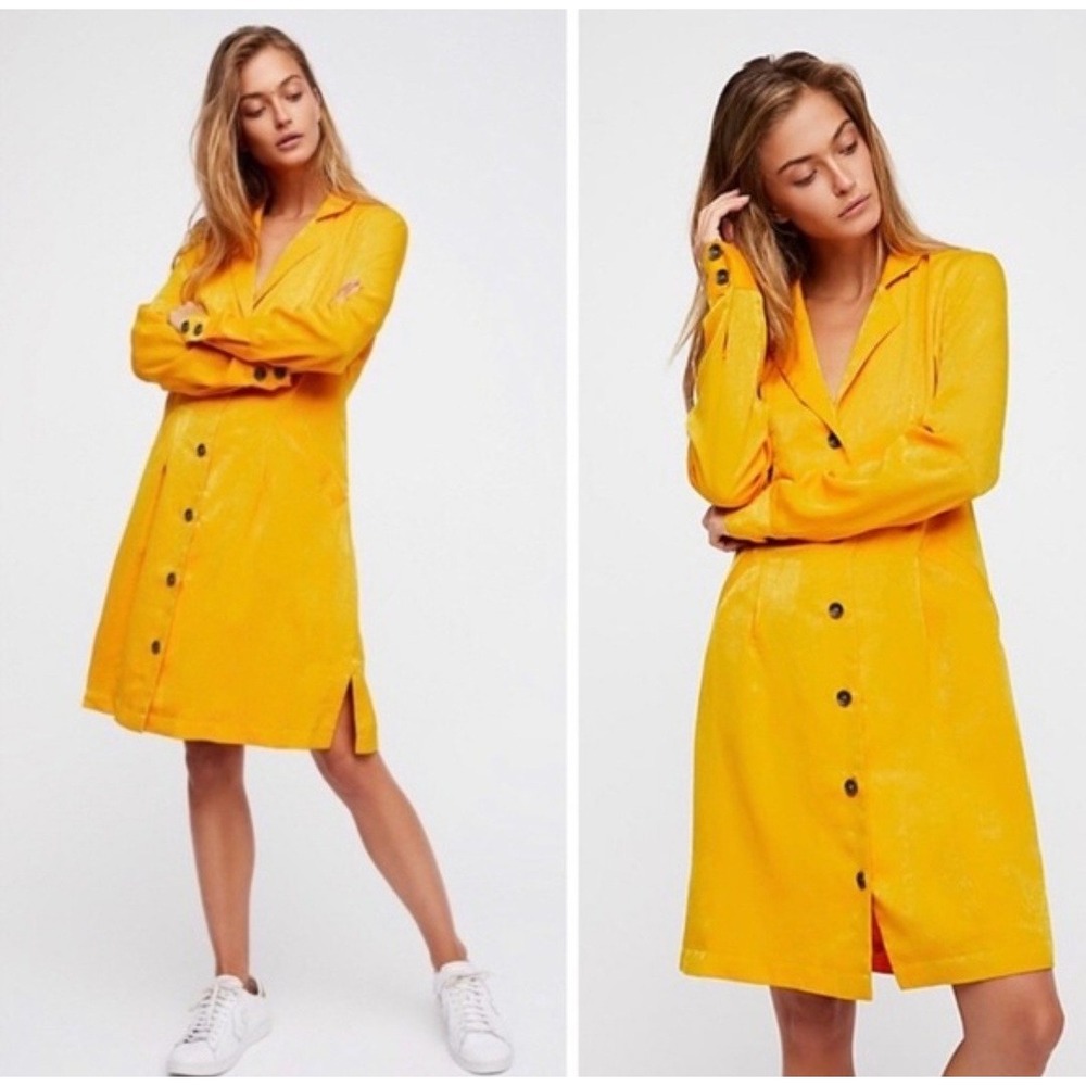 Free People Break The Cycle Mini Dress Mustard Yellow Button Front Size Medium